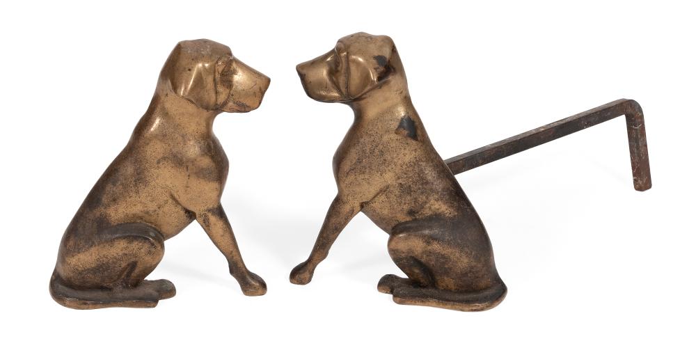 Appraisal: PAIR OF R F H CLANCEY BRASS DOG-FORM ANDIRONS NEEDHAM