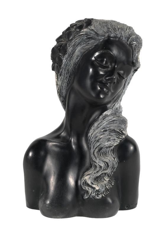 Appraisal: Midcentury black coral sculpture of young topless woman made by