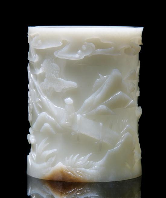 Appraisal: Chinese White Jade Brush Pot the cylindrical brush pot carved