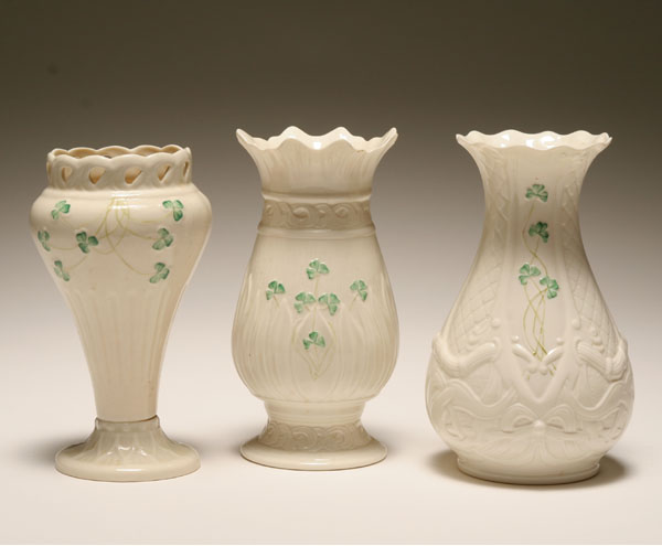 Appraisal: Three Belleek Irish porcelain vases with shamrock decoration various molded