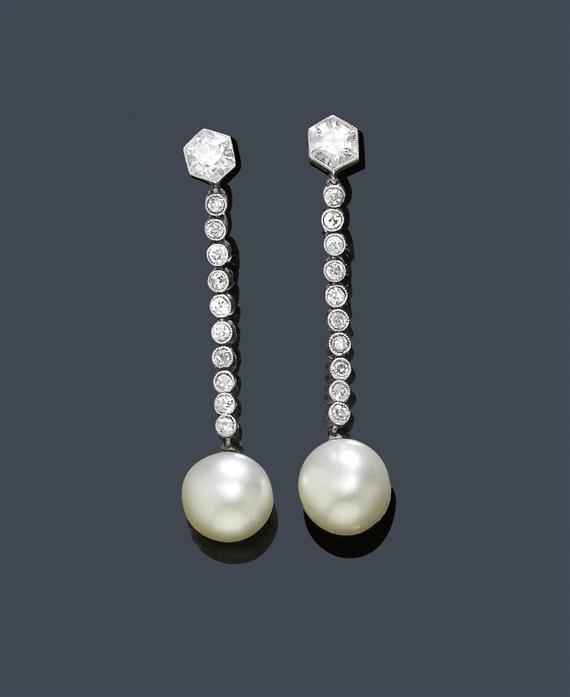 Appraisal: PEARL AND DIAMOND EAR PENDANTS BOUCHERON Paris circa Platinum Elegant