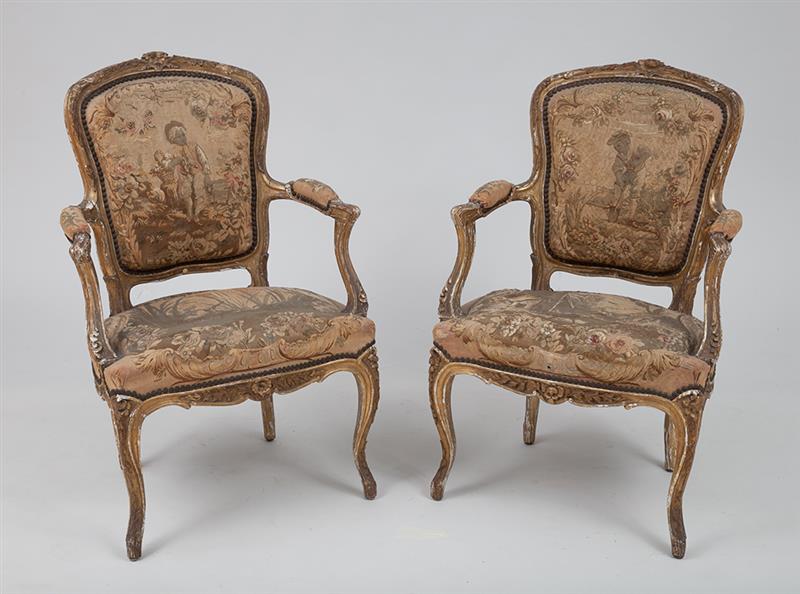 Appraisal: Pair of Louis XV Style Giltwood Fauteuils en Cabriolet With