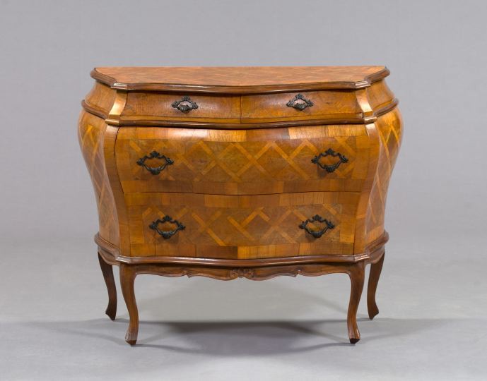 Appraisal: Italian Parquetry-Inlaid Olivewood Bombe Commode the front fitted with two