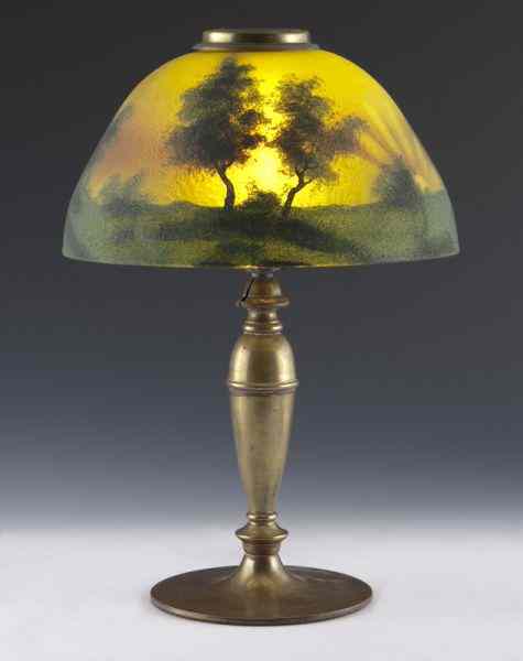 Appraisal: Pittsburgh reverse painted landscape table lamphaving a textured obverse-and-reverse painted