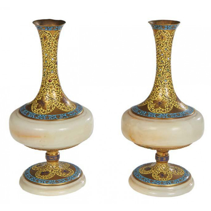 Appraisal: Diminutive Pair of Alabaster and Bronze Champleve Baluster Vases th