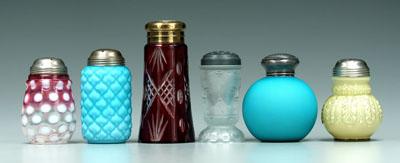 Appraisal: Six glass shakers frosted three face in spotted cranberry -