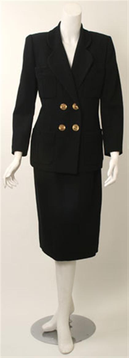 Appraisal: Chanel black wool crepe skirt suit s Double-breasted two-button closure