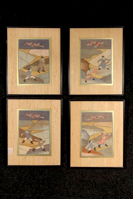 Appraisal: FOUR FRAMED KESI EMBROIDERIES th C Identically framed kesi panels