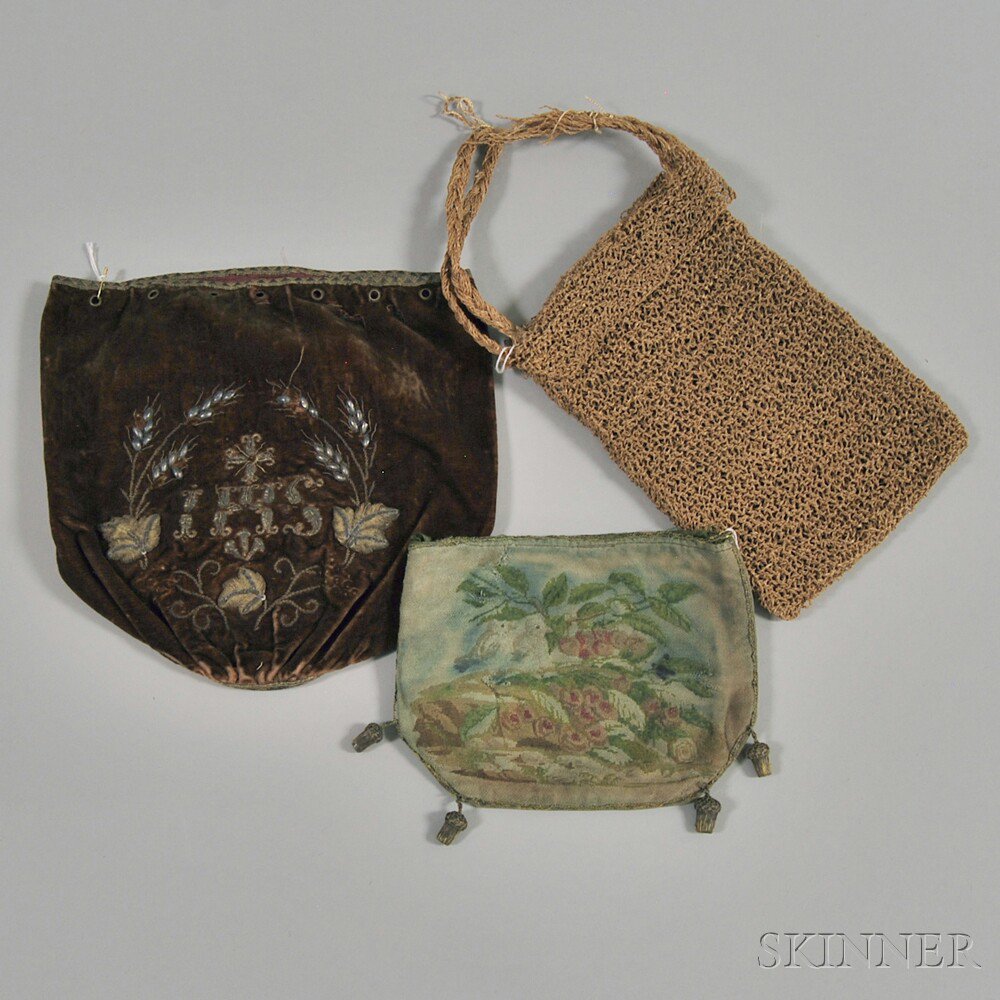 Appraisal: Three Antique Bags a brown velvet drawstring bag with metallic