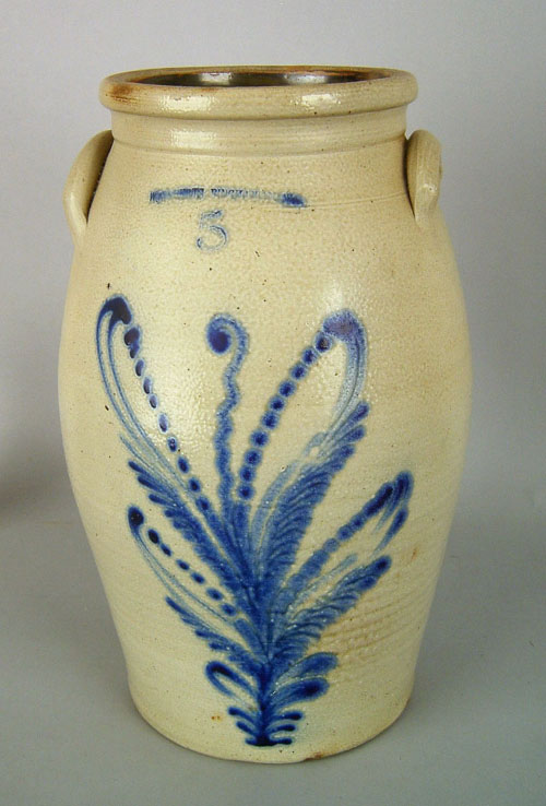 Appraisal: Five gallon stoneware churn th c impressed W Roberts Binghamton