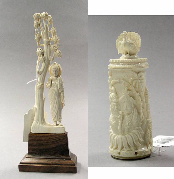 Appraisal: Two Indian ivory carvings One of cylinbdrical form with a