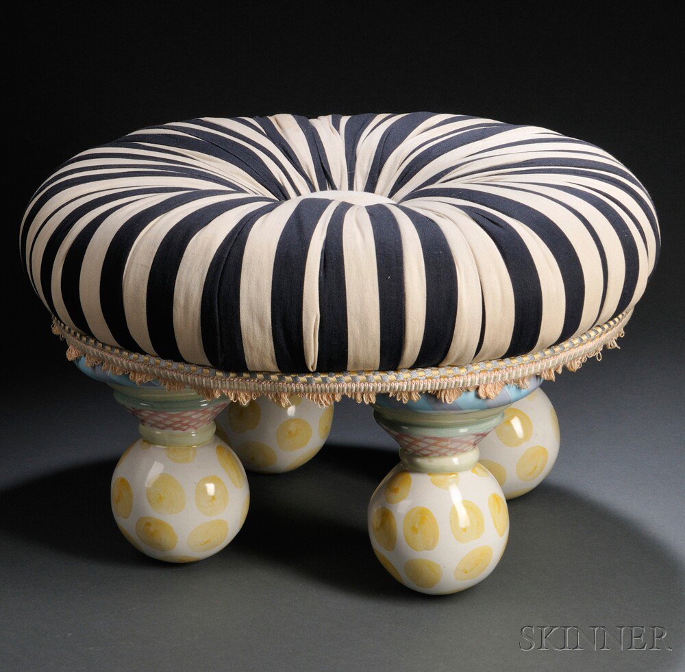 Appraisal: Decorative Footstool Pottery upholstery and wood Mackenzie Childs Ltd Aurora