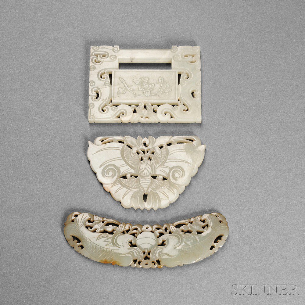 Appraisal: Three Ornamental Hardstone Plaques China one in the shape of