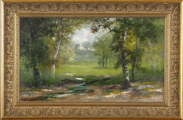 Appraisal: Landscape with trees and open pasture at center oil on