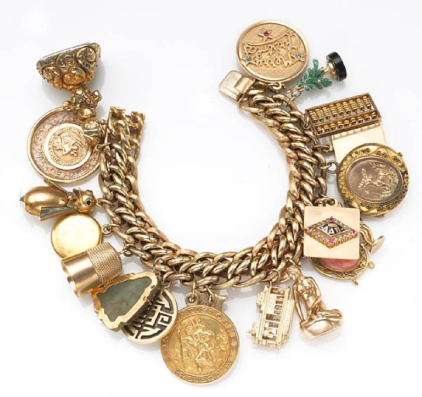 Appraisal: A gem-set k and k gold charm bracelet suspending twenty