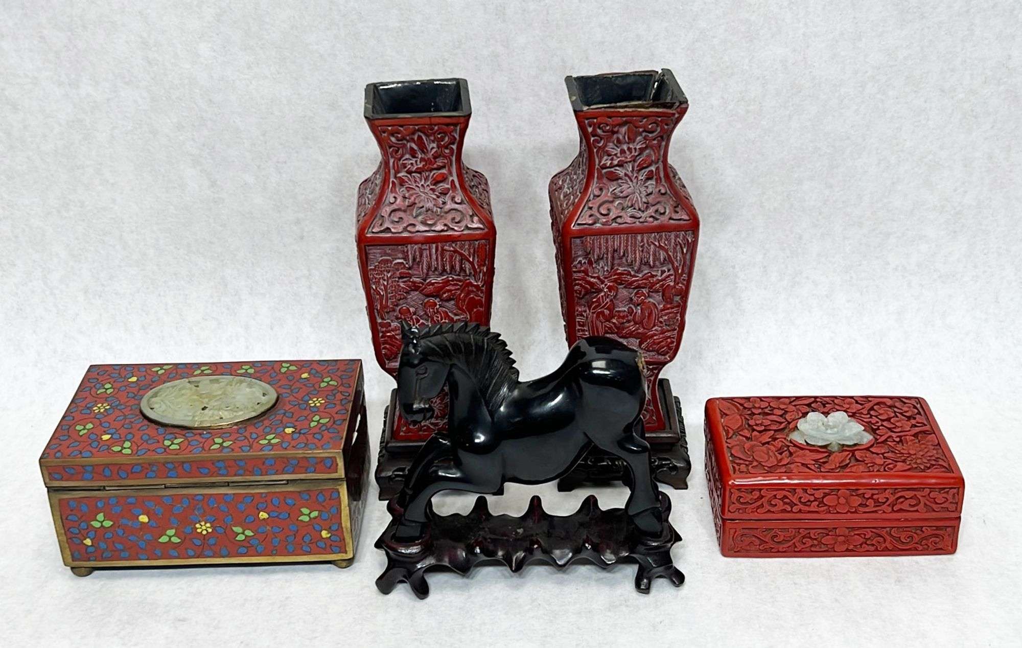 Appraisal: Chinese boxes and carvingsEarly to mid thC Cinnabar vases have