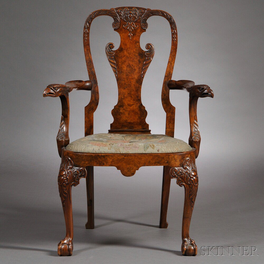 Appraisal: George I-style Walnut and Burl Walnut Armchair England c with