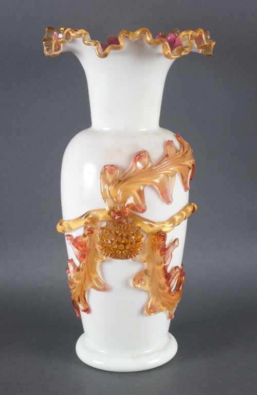 Appraisal: Cased glass vase with applied floral decoration probably Stourbridge late