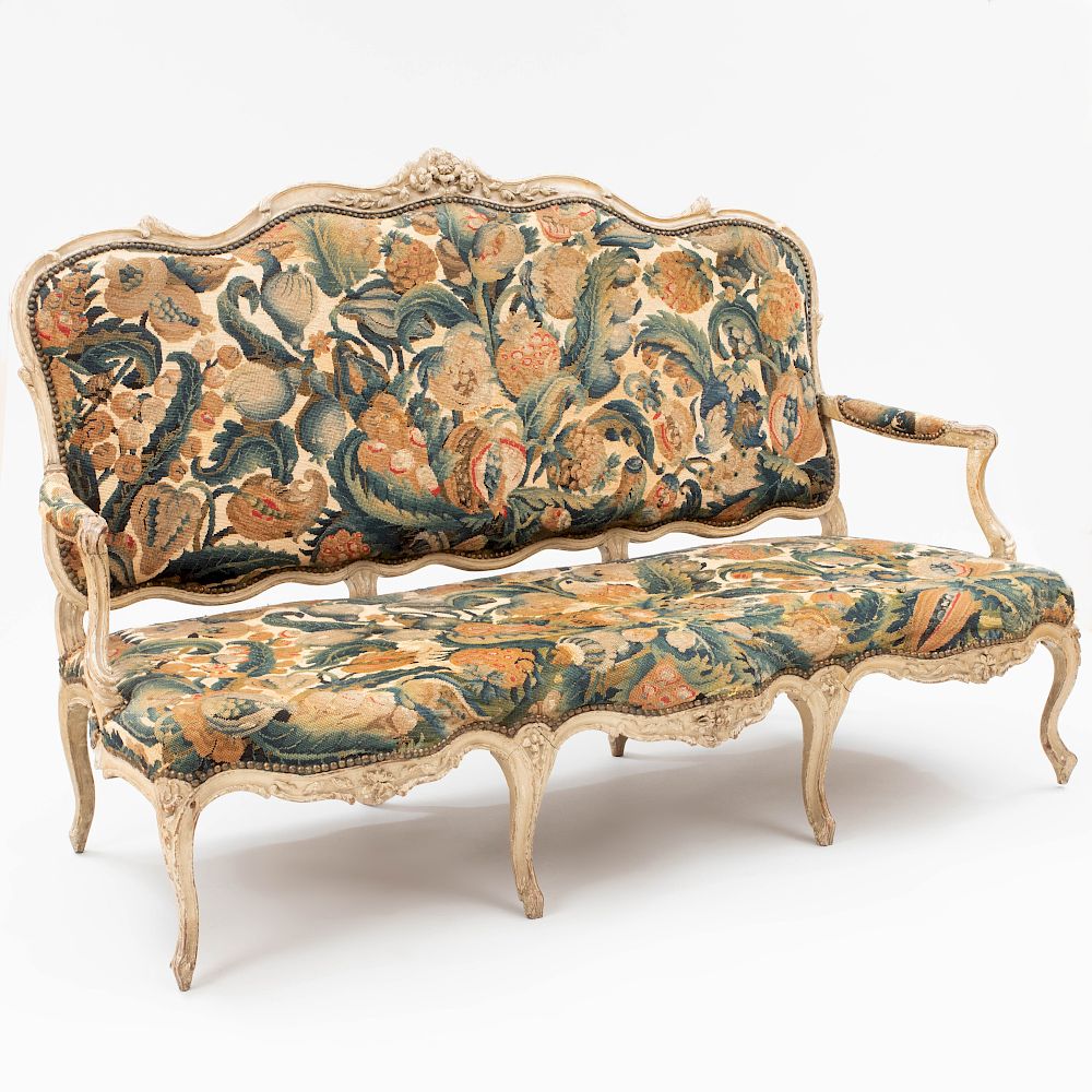 Appraisal: Louis XV Painted Beechwood Settee Upholstered in floral needlework upholstery