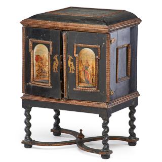 Appraisal: ITALIAN PAINTED TABLE CABINET Double-door cabinet with applied painted panels