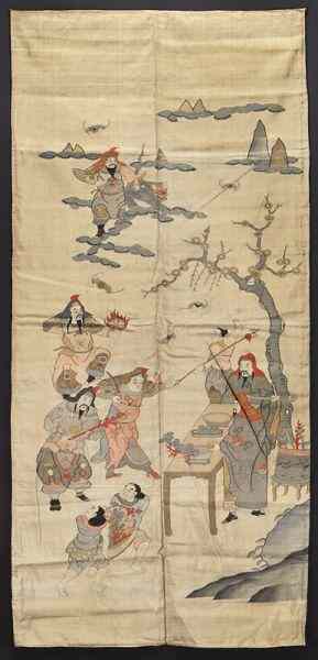 Appraisal: Chinese Qing kesi panel depicting warriorsin a battlefield ''H x