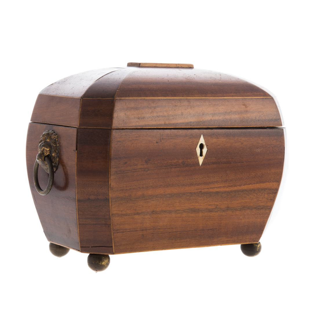 Appraisal: Regency rosewood sarcophagus tea caddy circa with stringer inlay gilt-metal