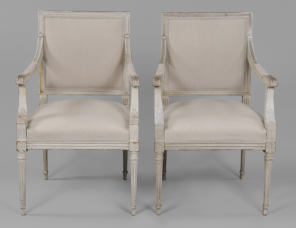 Appraisal: Pair Paint-Decorated Louis XVI Style Fauteuil each with carved beechwood