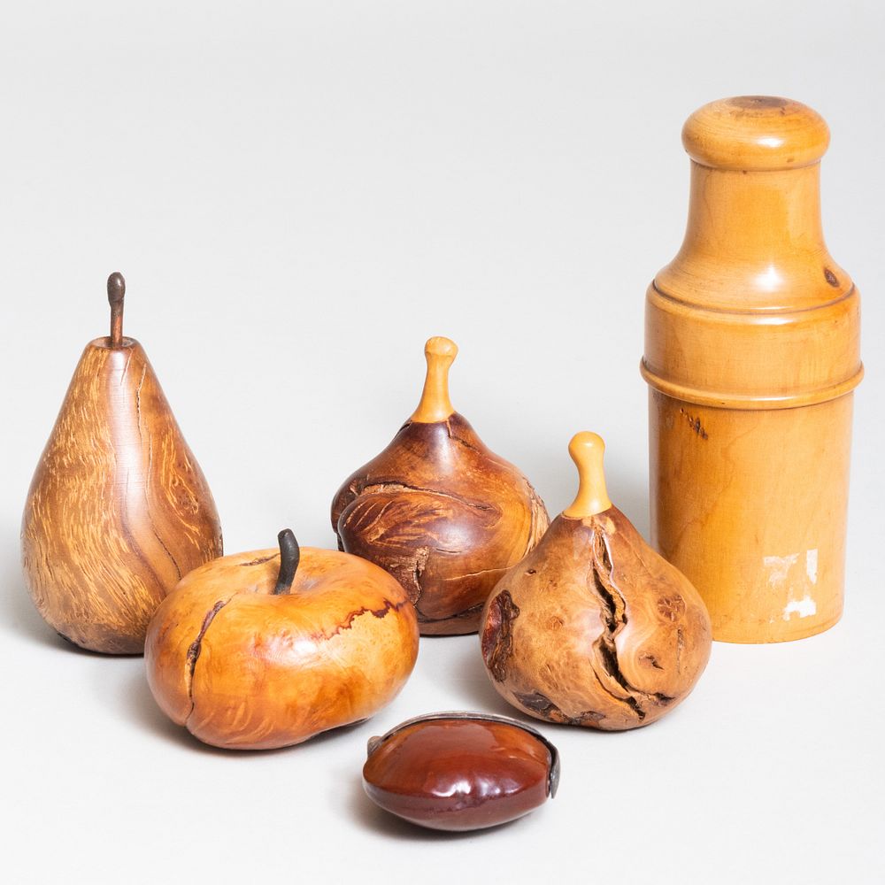 Appraisal: Group of Fruit Form Wood Table Articles Comprising A metal-mounted