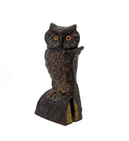 Appraisal: JE Stevens Cast Iron Turning Owl Mechanical Bank Glass JE