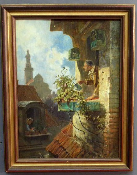 Appraisal: Oil on panel painting of a man watering flowers after