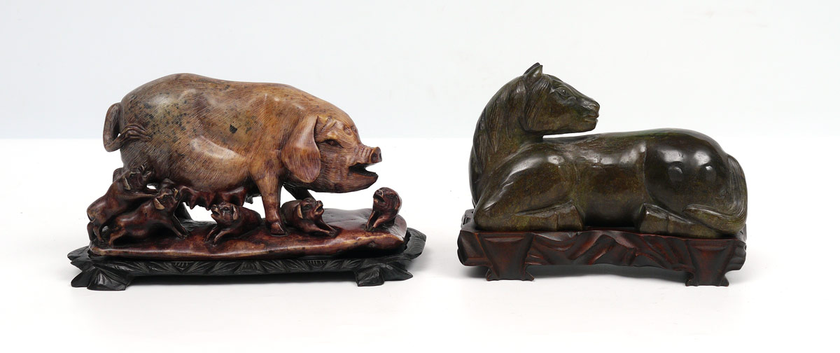 Appraisal: PIECE ORIENTAL CARVED STONE HORSE PIG pieces to include Carved