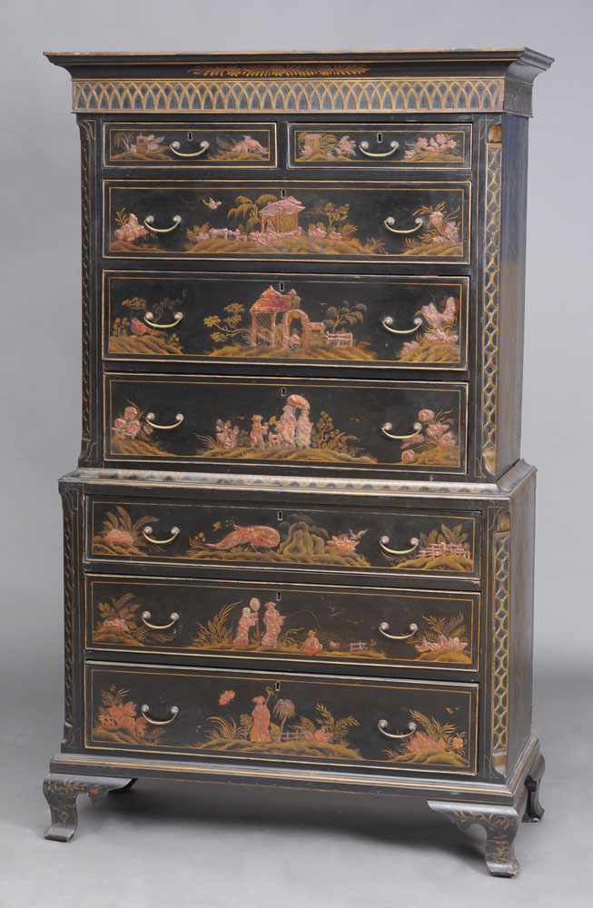 Appraisal: GEORGE III STYLE BLACK LACQUER CHEST ON CHEST TH C