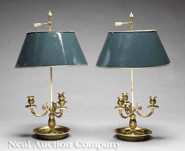 Appraisal: A Pair of Vintage Gilt Brass Three-Light Bouillotte Lamps in