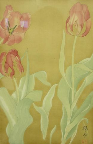 Appraisal: Vintage Japanese hand-colored lithograph depicting tulips signed and watermarked lower