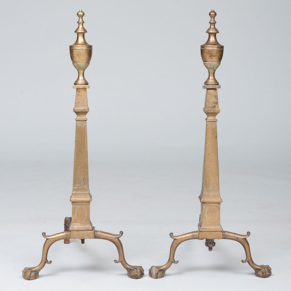 Appraisal: Pair of Federal Style Tall Brass Urn Top Engraved Andirons