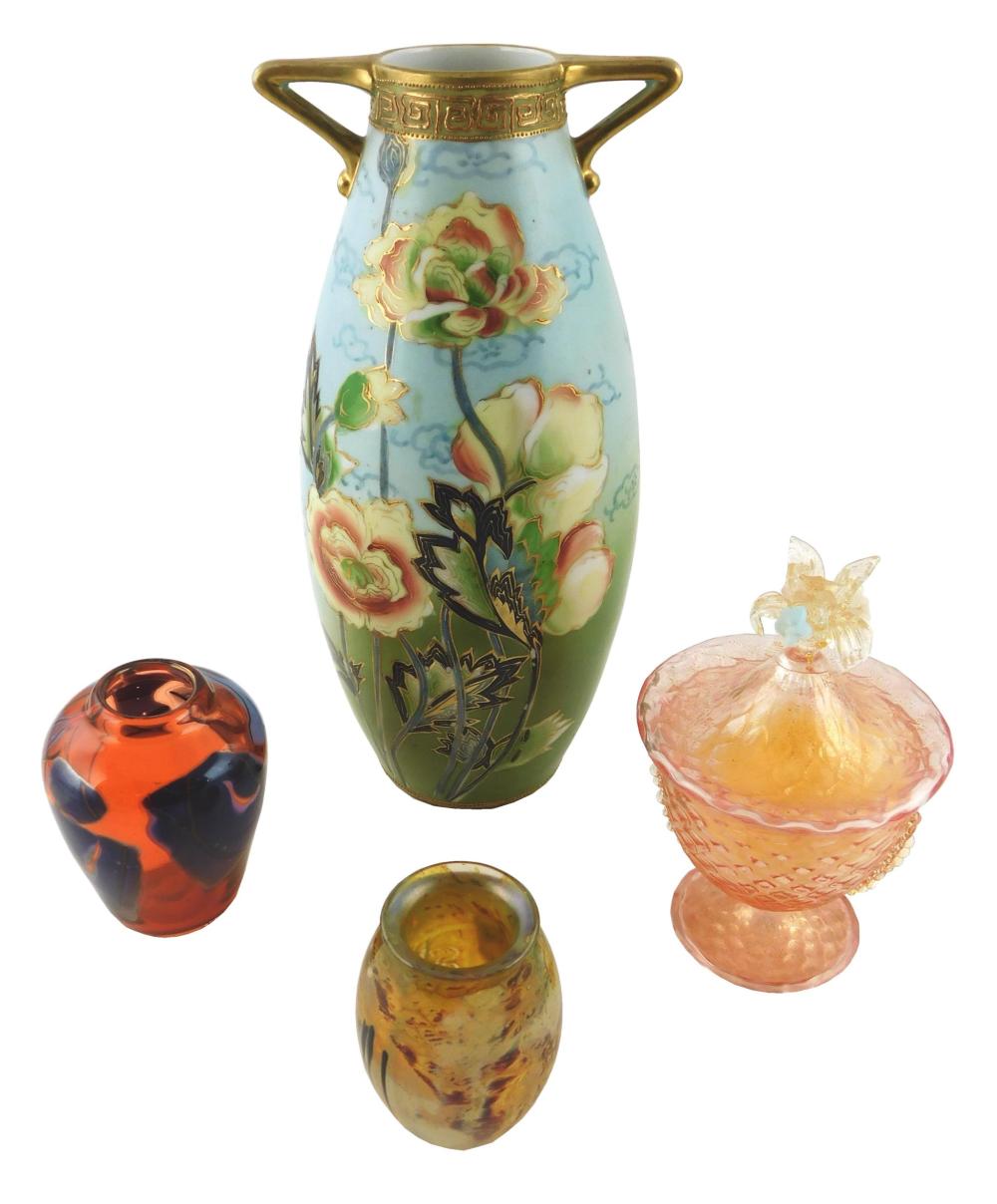 Appraisal: Four pieces of glass and ceramic including a hand painted