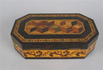 Appraisal: English Tunbridgeware box late th century Of elongated octagonal form