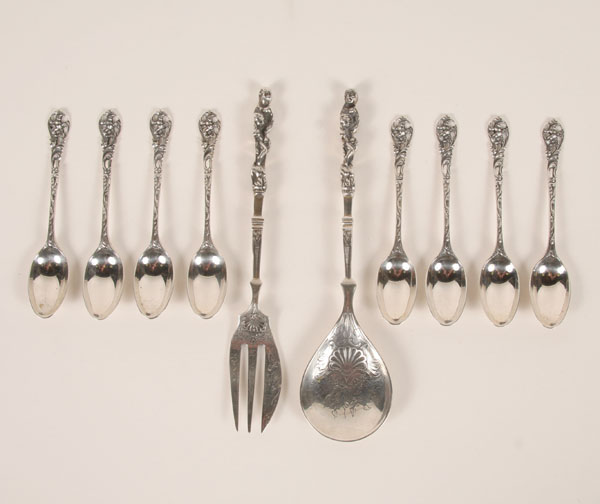 Appraisal: Dutch silver serving spoon and fork and eight demitasse spoons