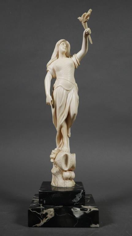 Appraisal: Finely carved ivory antique statue of female warrior likely French