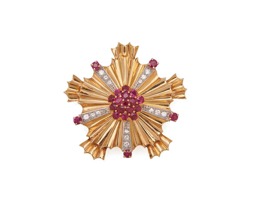 Appraisal: TIFFANY CO K Gold Ruby and Diamond Brooch the fluted