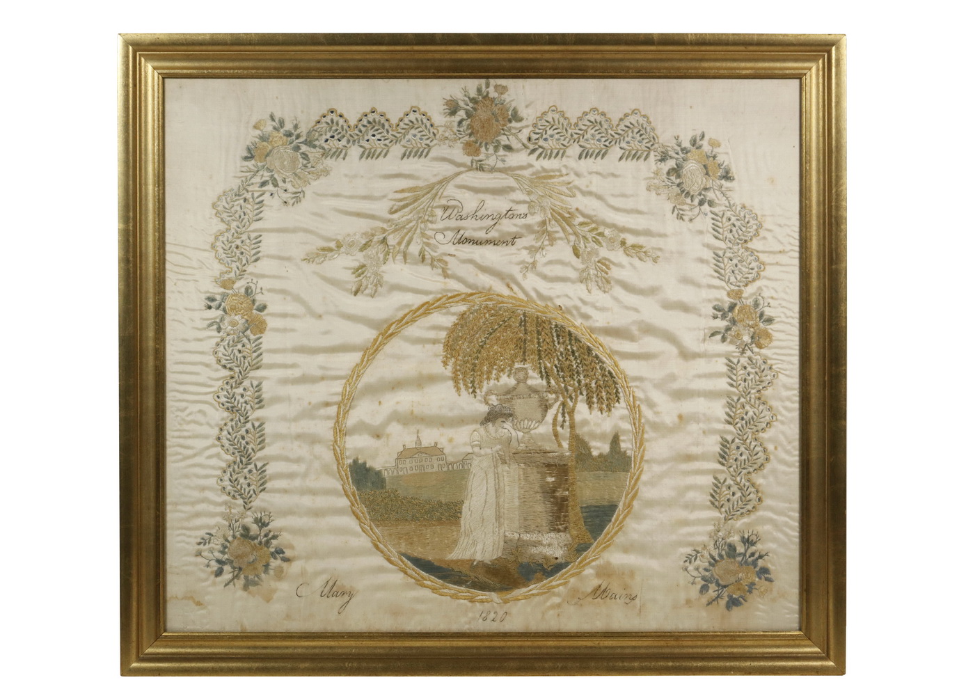 Appraisal: WASHINGTON MEMORIAL NEEDLEWORK Washington's Monument Mary Mains wool on silk