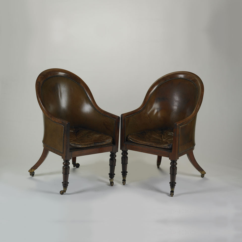 Appraisal: Pair of Late Georgian Mahogany Library Chairs leather upholstered early