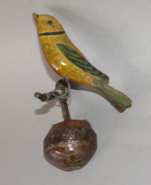 Appraisal: FOLK ART CARVED POLYCHROME PAINTED BIRD ON STEMca early th