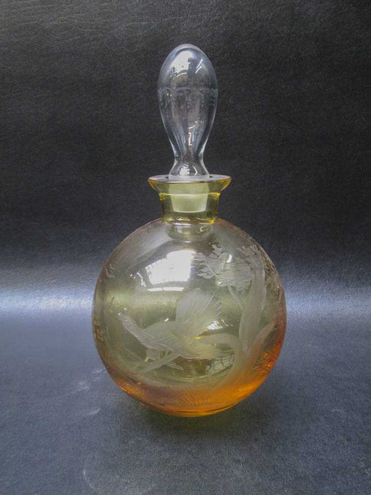 Appraisal: MOSER ART GLASS DECANTER amber glass body with engraved wildlife