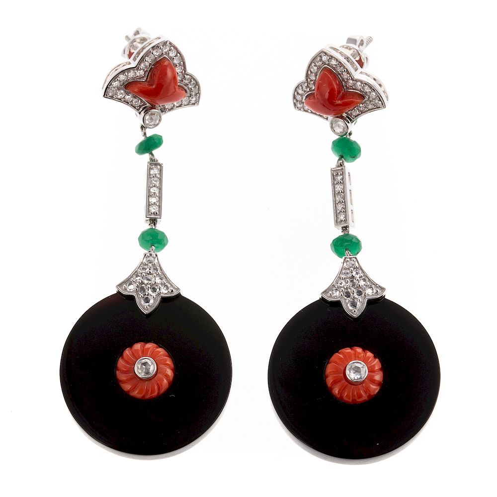 Appraisal: A Pair of Carved Coral Onyx Diamond Earrings platinum drop