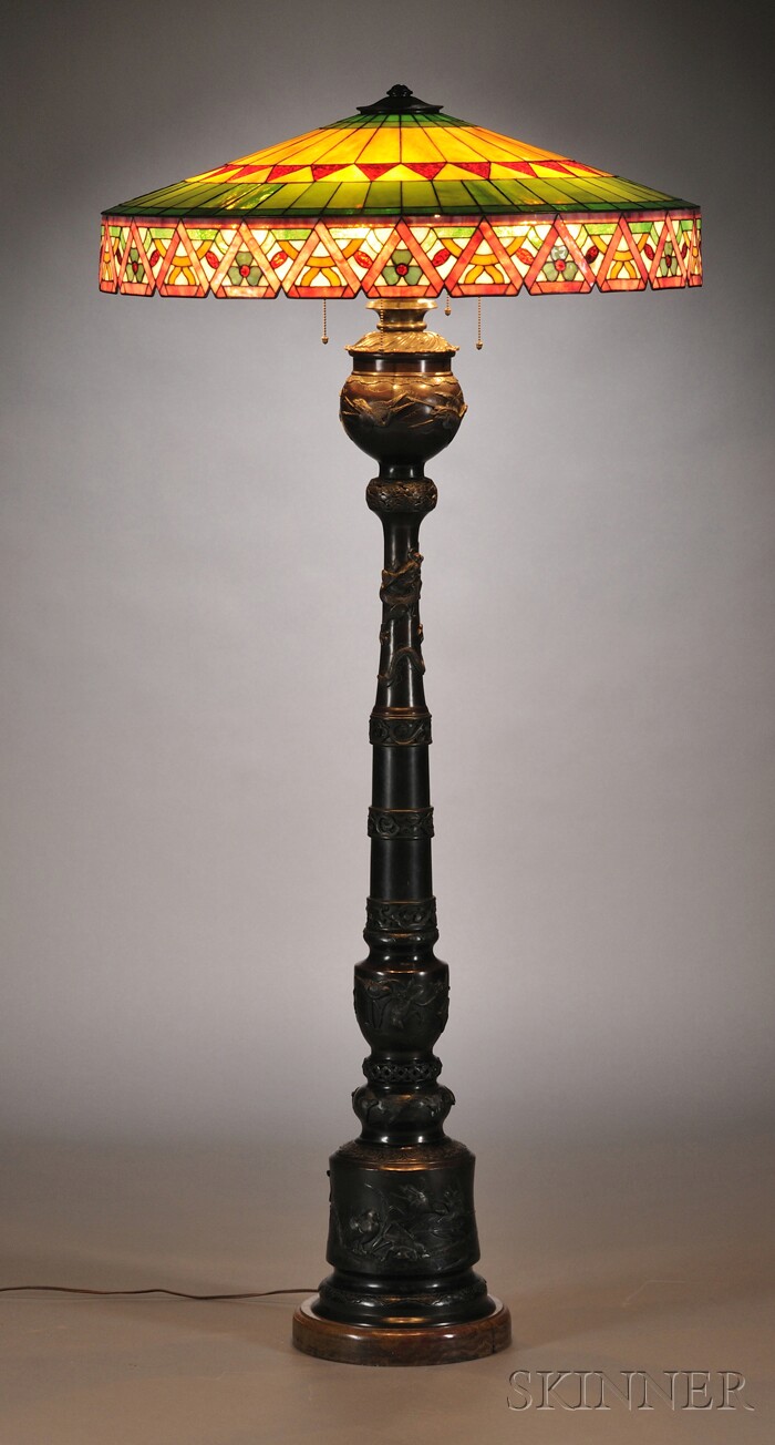 Appraisal: Handel Bronze and Mosaic Glass Floor Lamp Patinated Bronze and