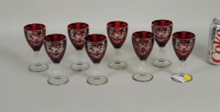 Appraisal: Eight Small Cranberry Glass Silver Overlay Wines Eight small cranberry