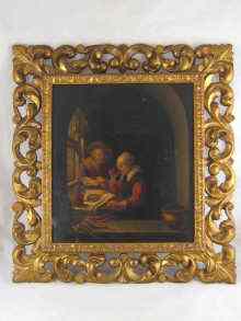 Appraisal: A finely painted oil on panel Dutch interior in ornate