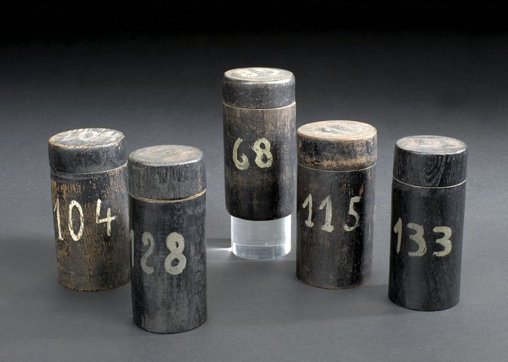 Appraisal: Group of Five Black-Painted Wooden Storage Jars early th century