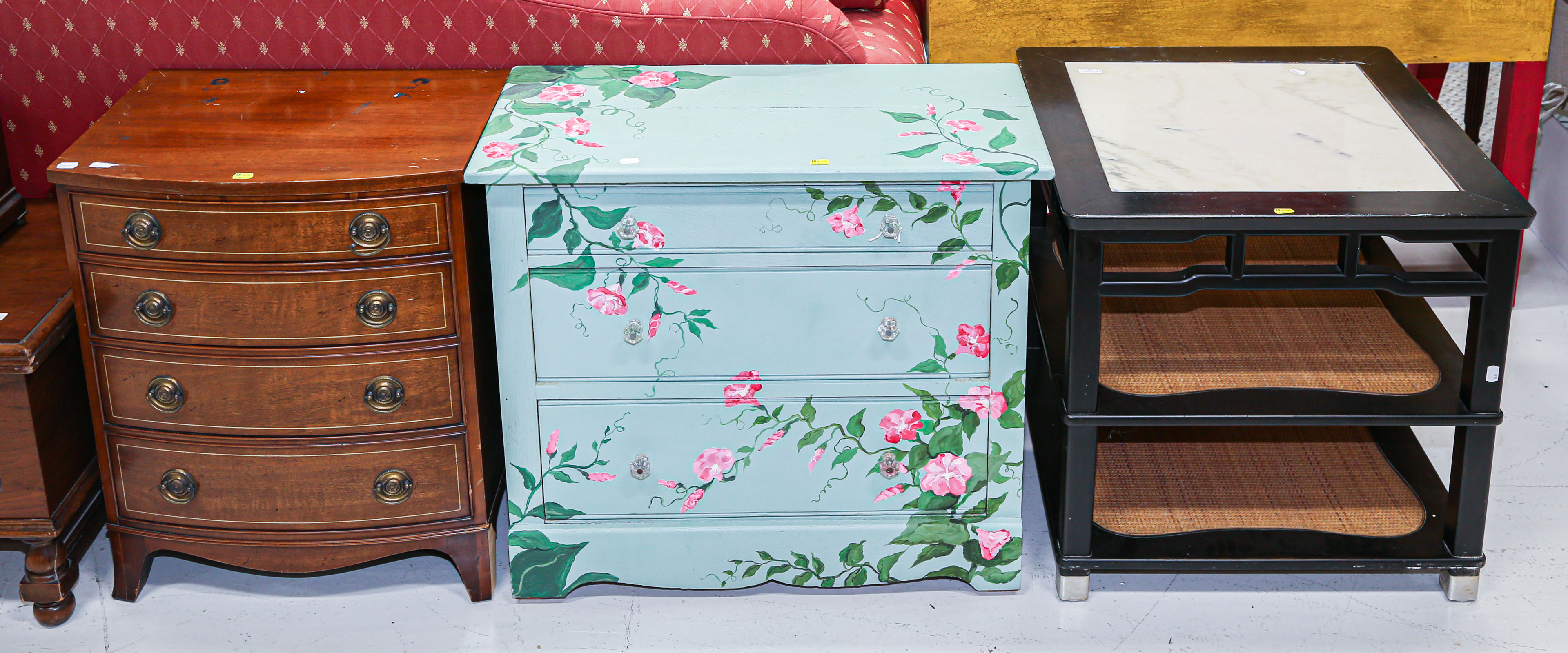 Appraisal: HENREDON BEDSIDE CHEST PAINTED CHEST Including a diminutive mahogany bowfront